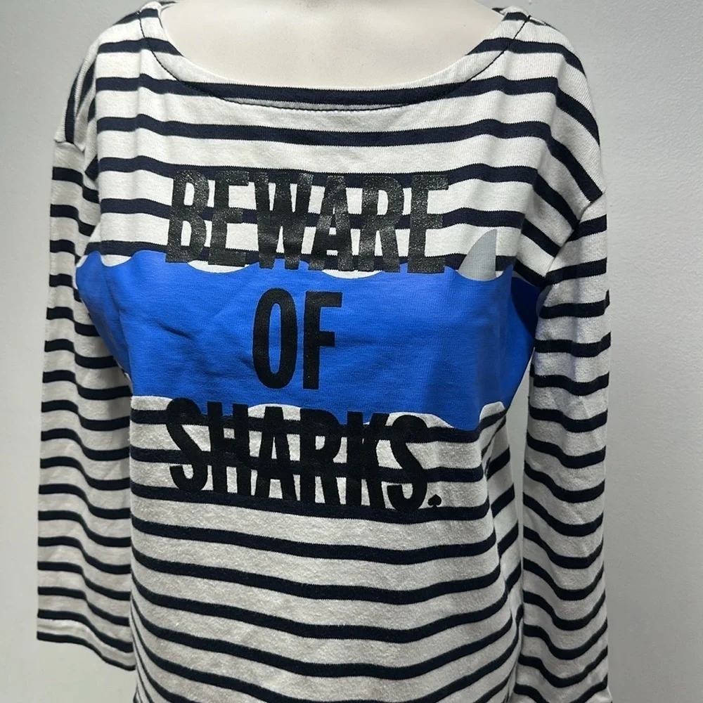 Kate Spade Beware of Sharks Shirt Boatneck Top 3/4 Sleeve Striped Black White XS